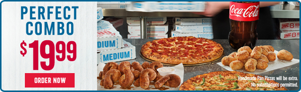 2 Medium 1-Topping Pizzas, 16-piece Parmesan Bread Bites, 8 Piece Cinnamon Twists and a 2 Liter of Coke for $19.99.