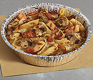 Chicken Carbonara Pasta - Taste the delectable blend of flavorful grilled chicken breast, smoked bacon, fresh onions, and fresh mushrooms mixed with penne pasta. Baked to perfection with rich Alfredo sauce.