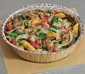 Pasta Primavera Pasta - Fresh baby spinach, diced tomatoes, fresh mushrooms and fresh onions, mixed with penne pasta and baked with a creamy Alfredo sauce.